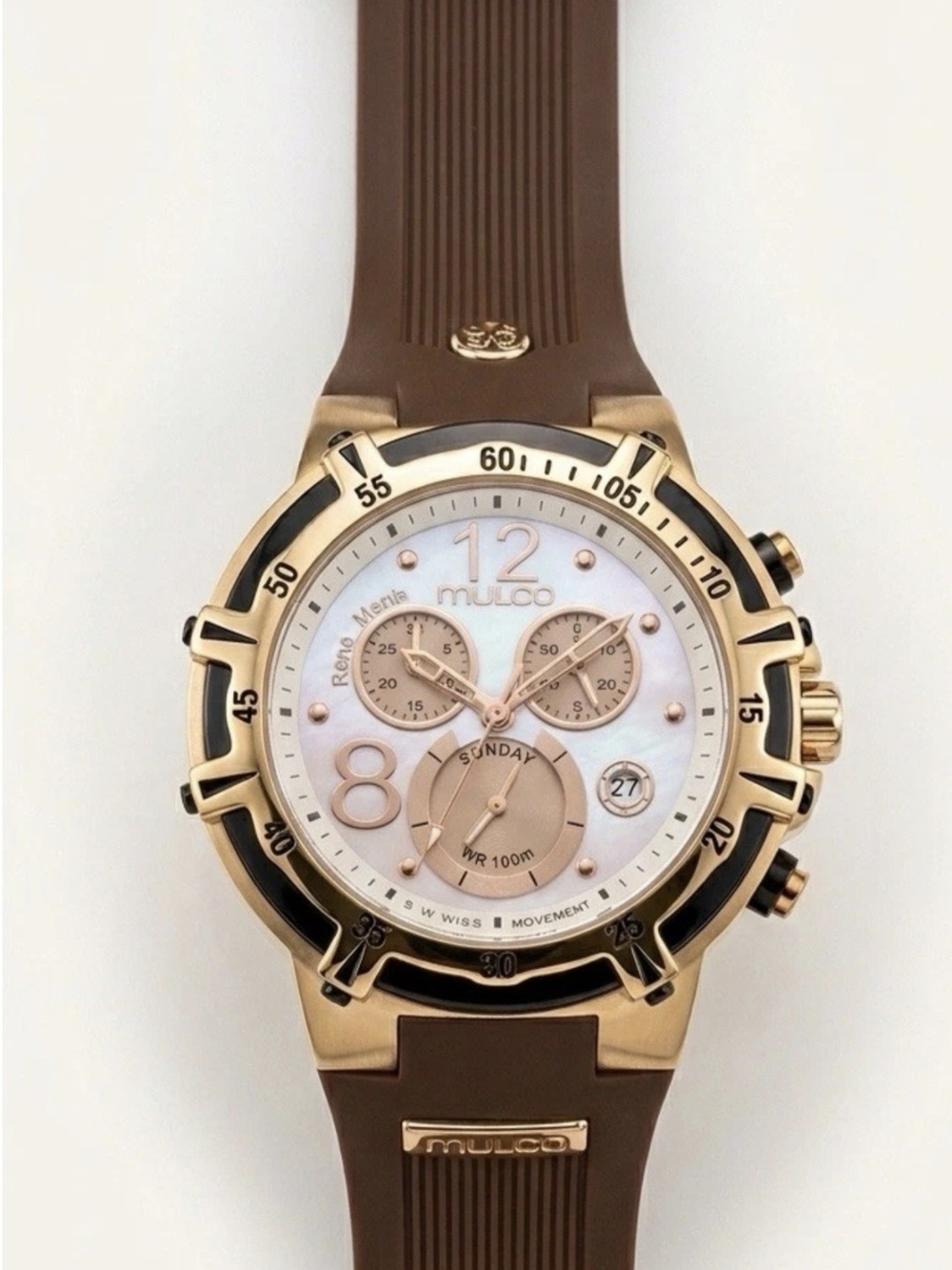 Mulco Brown and Rose Gold Chronograph Watch with Mother-of-Pearl Dial